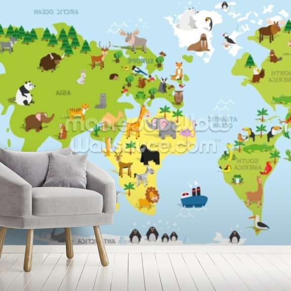 Childrens World Map with Animals Wallpaper Wallsauce UK