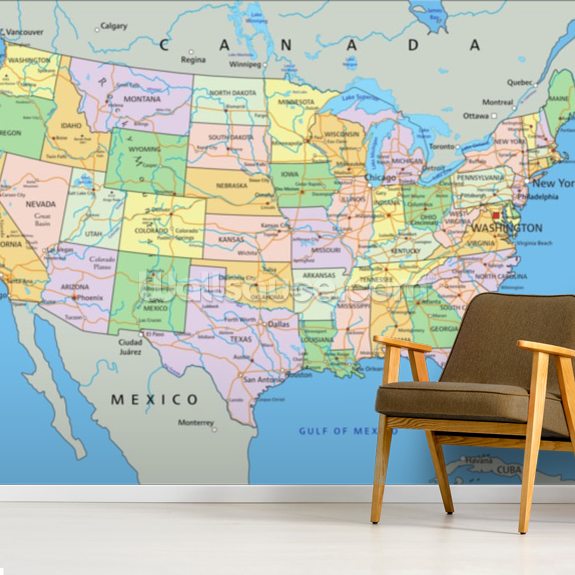Carta da parati murale con mappa politica statunitense | Wallsauce IT