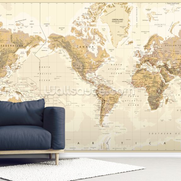 Vintage Physical World Map America Centered - 