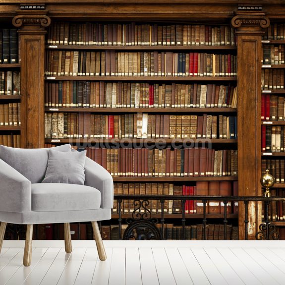 Library books on the home office focal wall mural. 