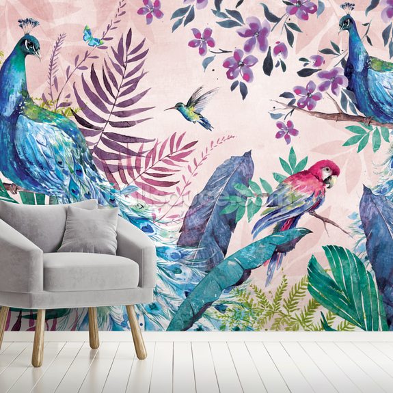 Tropisk påfugl vægmaleri af | Wallsauce