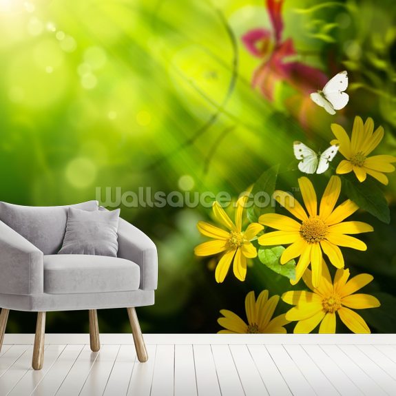Flowers and Butterfly Wallpaper Mural Wallsauce UK