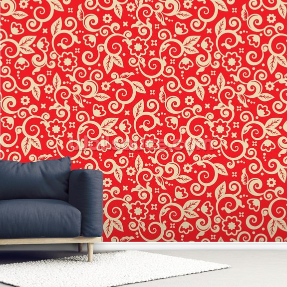 Floral Red and Gold Wallpaper Mural Wallsauce US