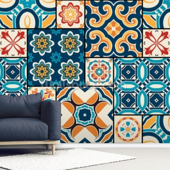 Orange and Navy Tiles Wall Mural Wallsauce UK