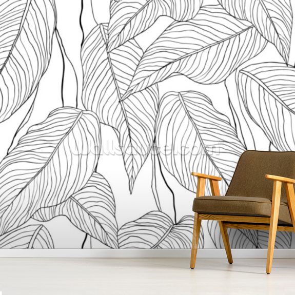 Black and White Leaves Wall Mural Wallsauce UK