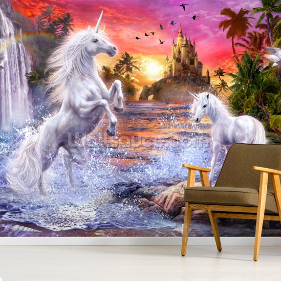 Unicorn Waterfall Sunset Wallpaper Wallsauce UK