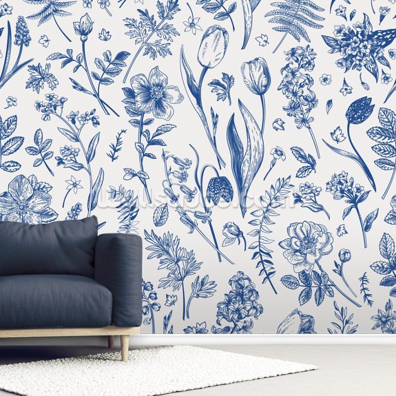 Papier Peint Fresque Fleurs Bleues et Blanches | Wallsauce FR