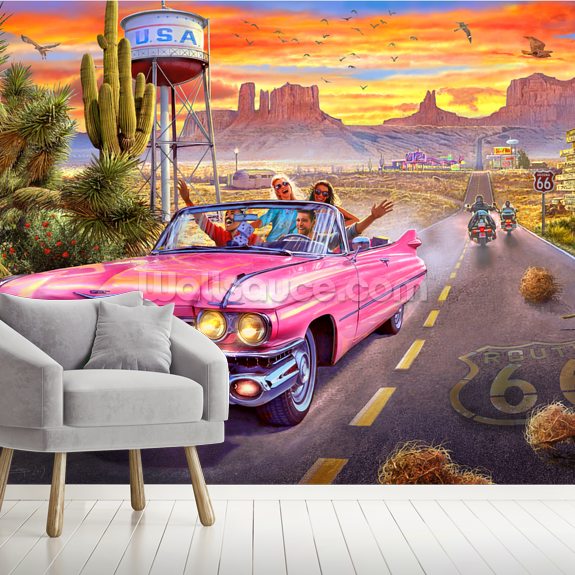 Route 66 Pink Convertible Wall Mural Wallsauce US