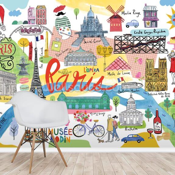 Colourful Paris Map Wall Mural Wallsauce US