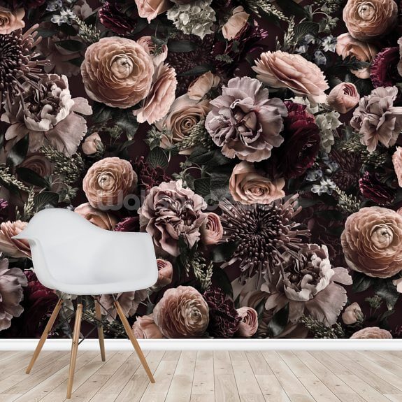 Velveteen Flowers Dark Blush Wall Mural Wallsauce UK