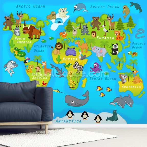 Map of the World with Animals Wallpaper | Wallsauce US