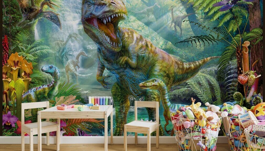 papel pintado de dinosaurio en dormitorio de niños