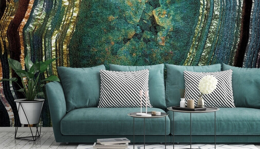 geode feature wallpaper in living room