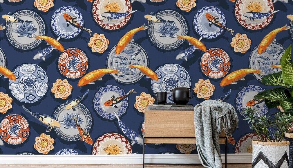 koi fish and oriental plates pattern wallpaper
