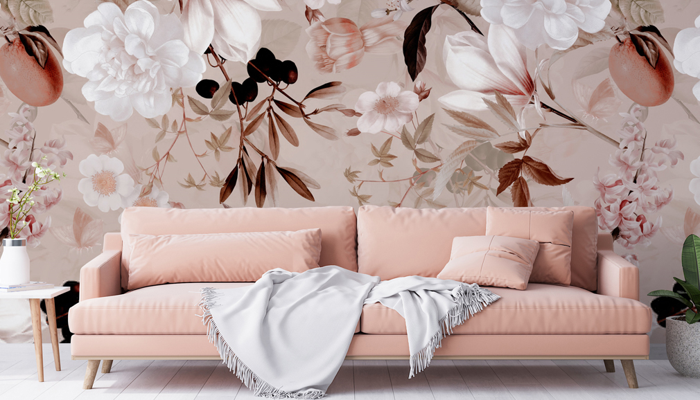 pink floral pattern wallpaper in living room