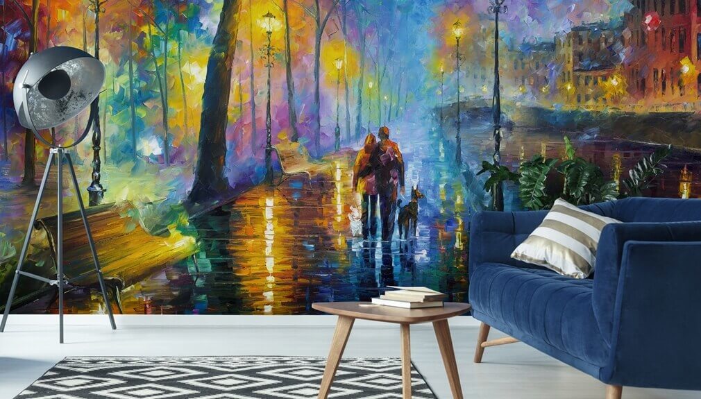 wallpaper by Leonid Afremov in living room with blue sofa