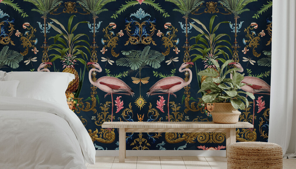 dark tropical and flamingo wallpaper in boho bedroom