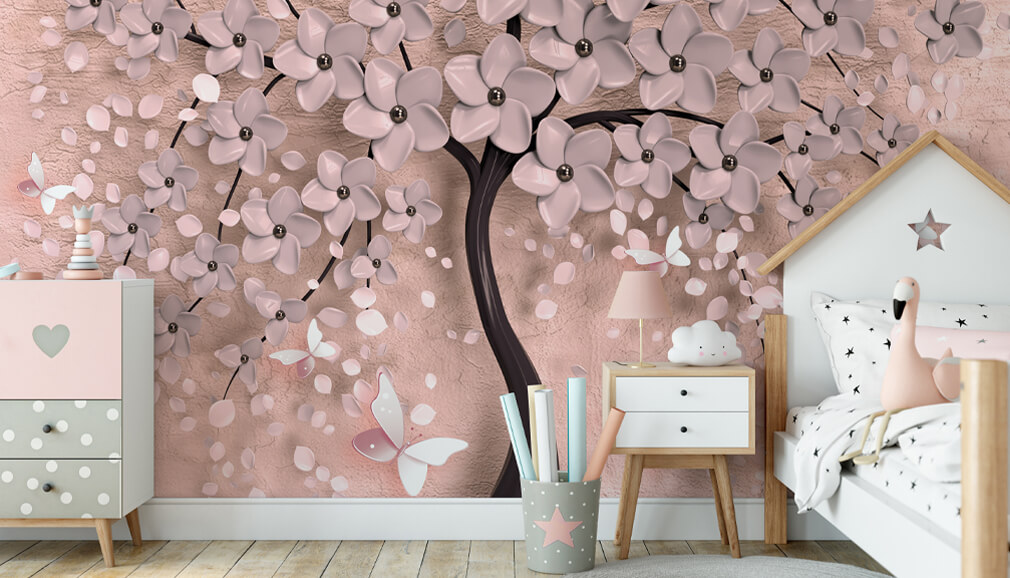 pink floral wallpaper in kids room
