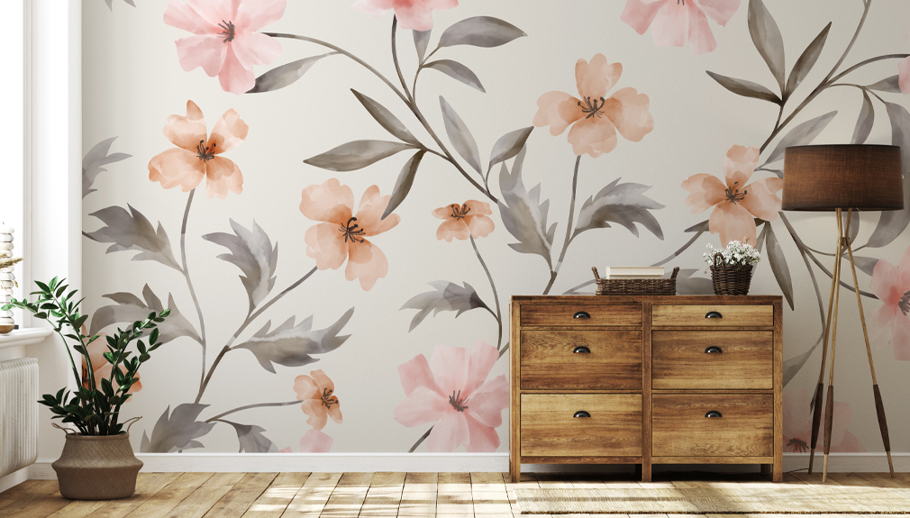 floral wallpaper with chest of drawers