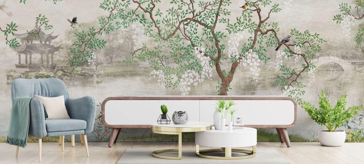 chinoiserie wallpaper mural in living room