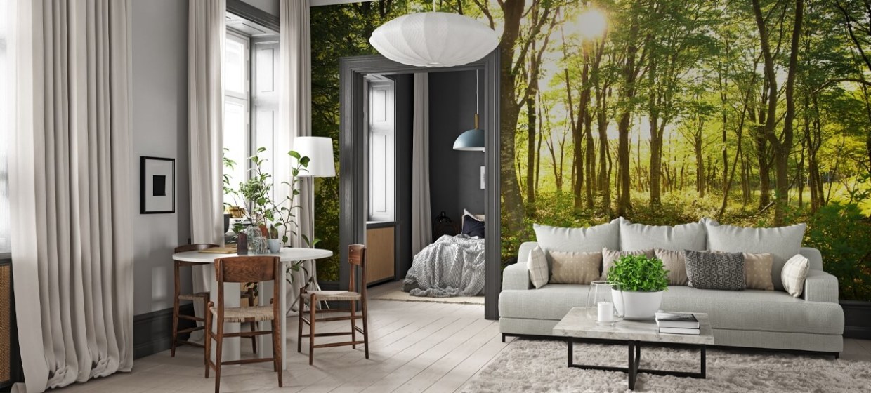 Forest wallpaper in living area