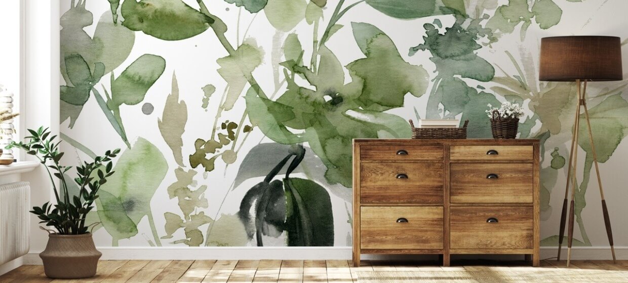 Botanical mural in living room