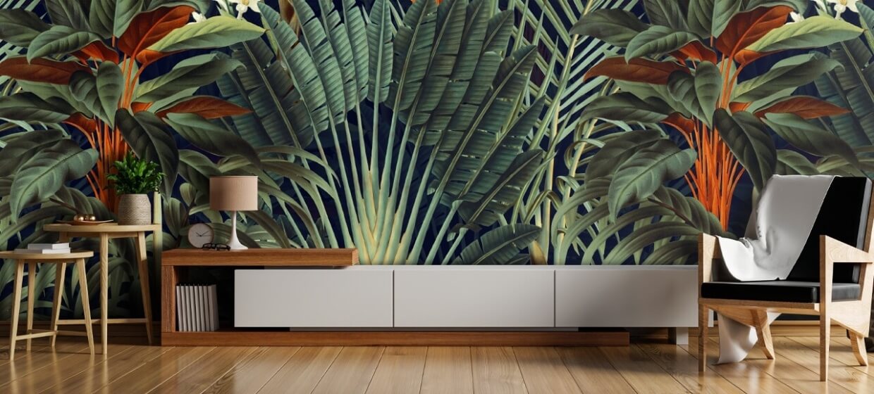 palm leaf wallpaper in living room