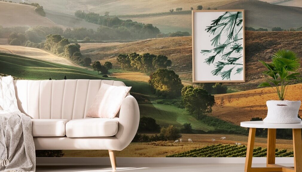 landscape wallpaper in living room