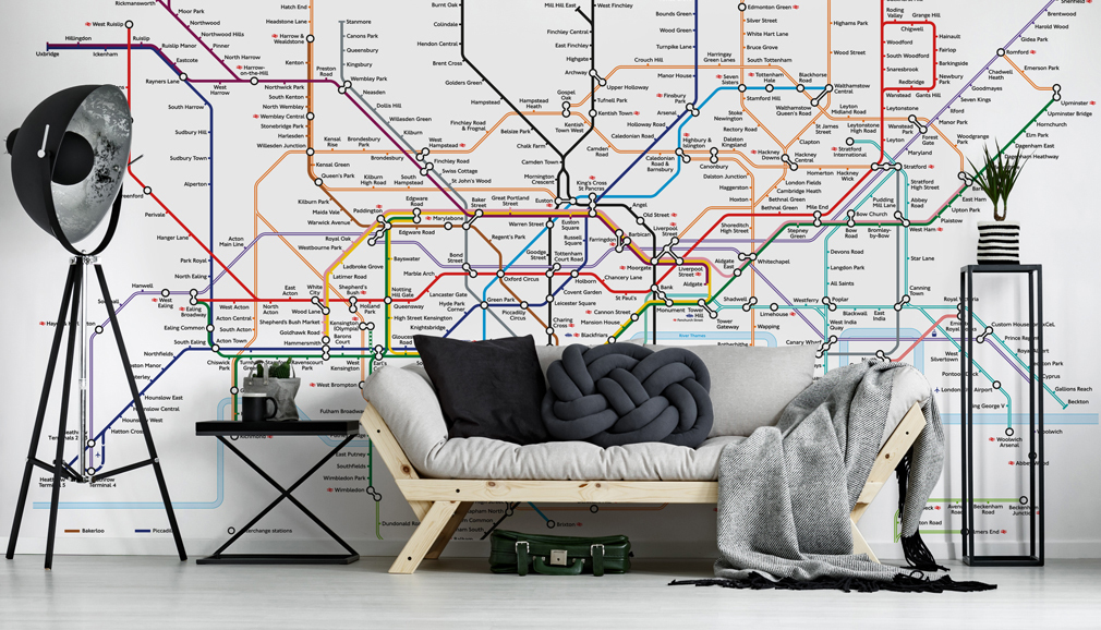 London Underground map wallpaper in living room