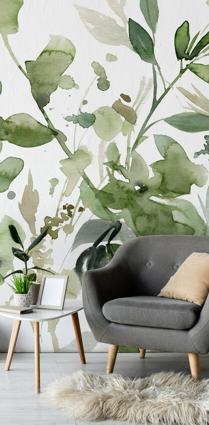 botanical wallpaper in living room