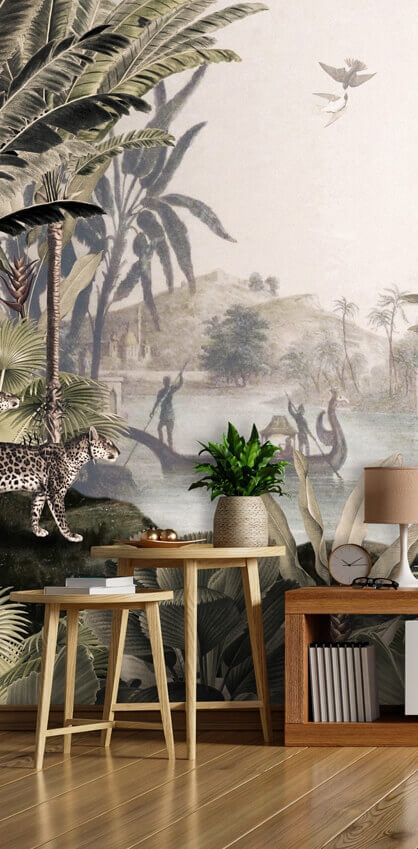 botanical wallpaper in living room
