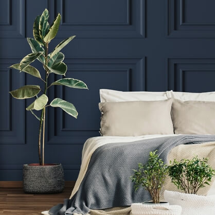 navy panel wallpaper in living room