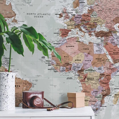 political world map wallpaper in home office