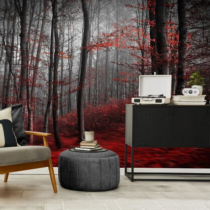 red carpet forest wallpaper in bedroom