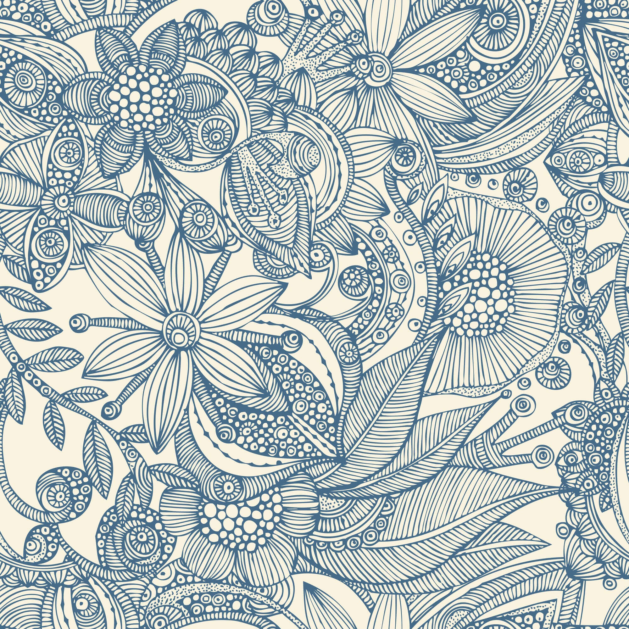 Flowers and doodles blue Wall Mural | Wallsauce US