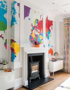 colourful world map in living room colourful world map in living room