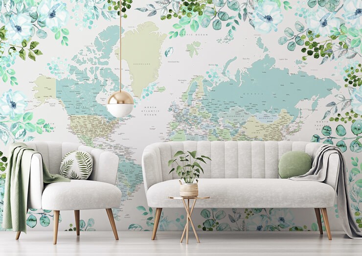 white, green and blue floral map wallpaper