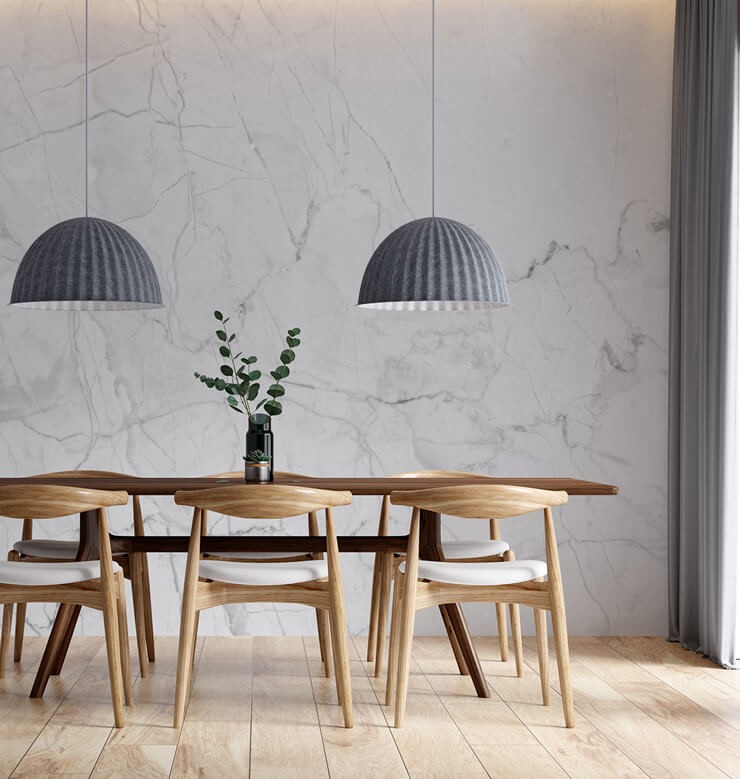light marble wallpaper in trendy dining room
