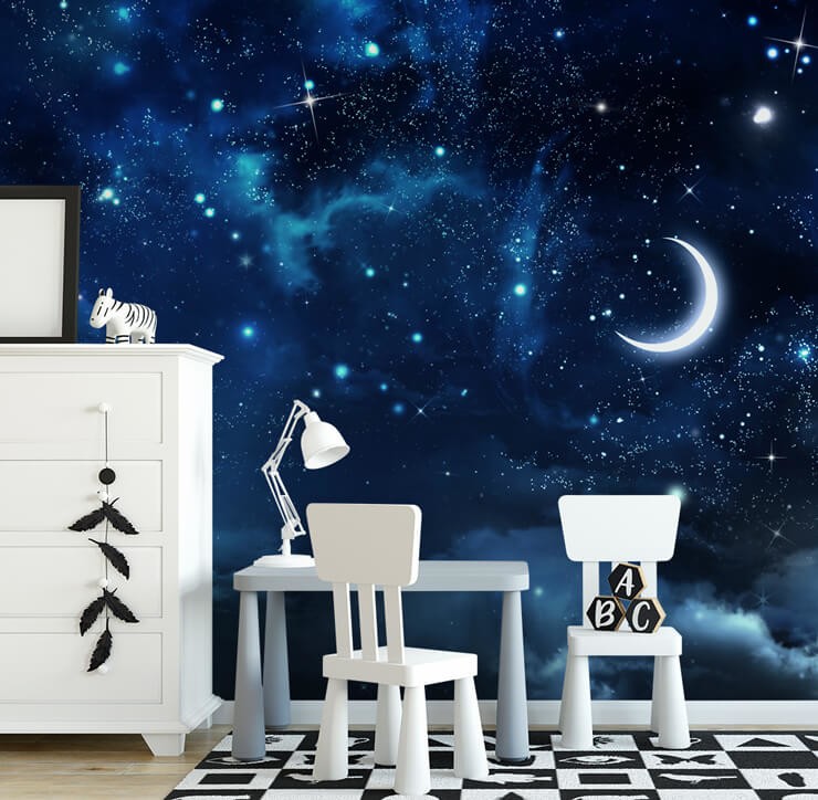 dark blue starry night sky wallpaper in black and white kids bedroom