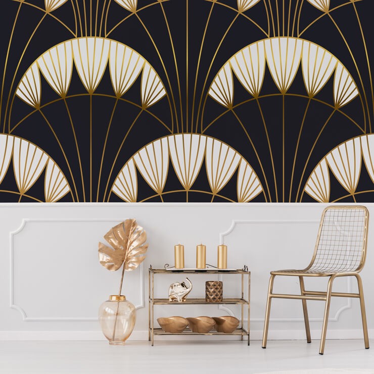 Navy deco wallpaper in living room