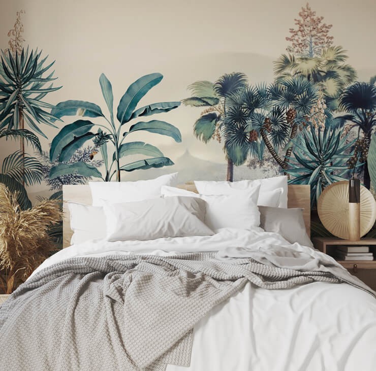 vintage jungle wallpaper in cosy bedroom