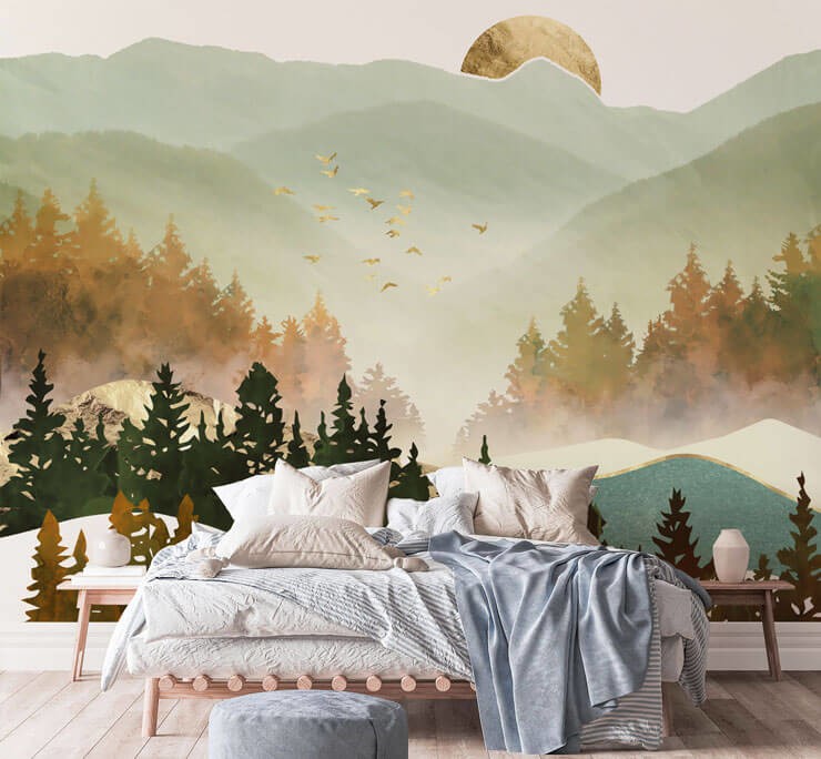 green and bronze toned abstract mountain bedroom wallpaper in guest bedroom