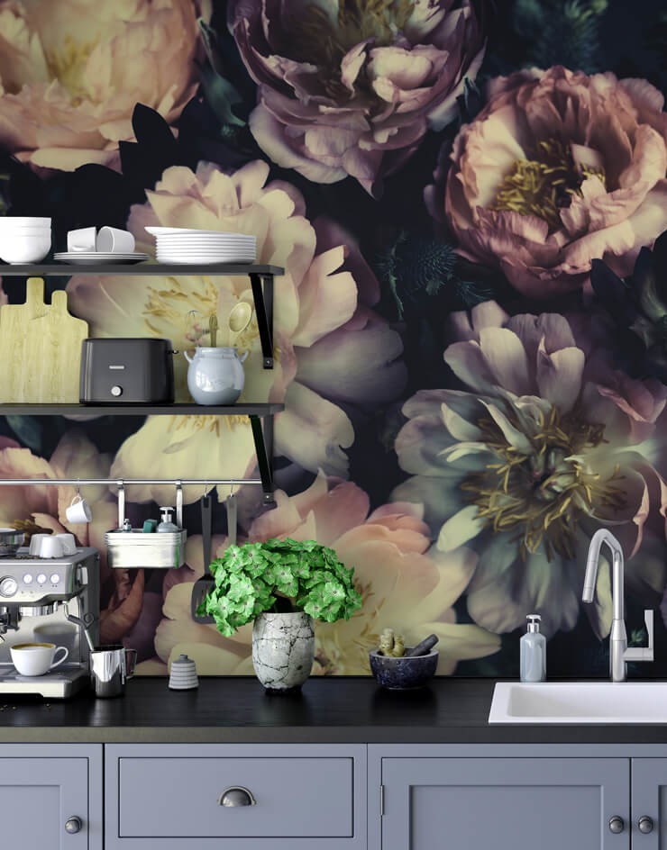 dark floral wallpaper in kitchen