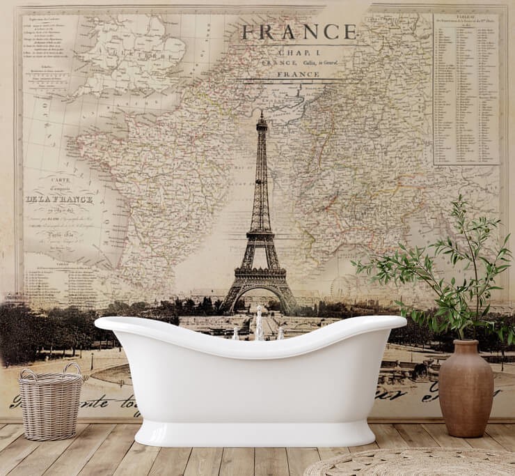Neutral wallpaper with a beige old fashioned french map design in a bathroom with a white bath