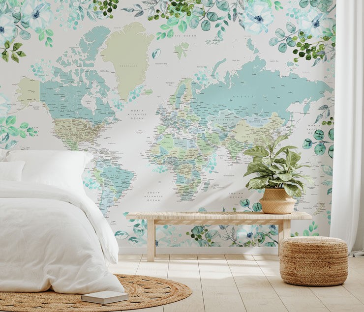 mint green wallpaper map in minimal bedroom
