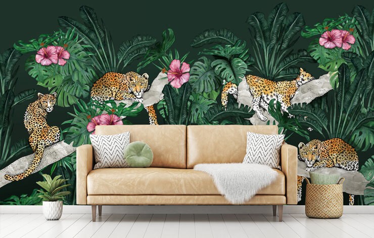 dark green jungle illustration with leopards wallpaper