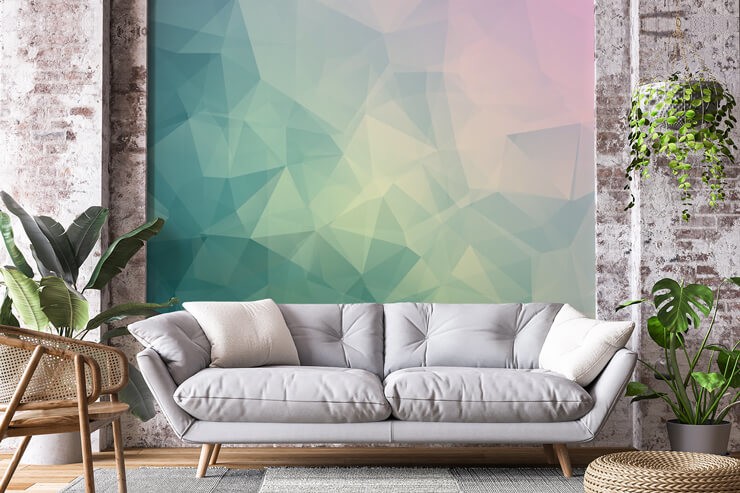 off-white, green and blue 3D triangle wallpaper lounge with open brick walls