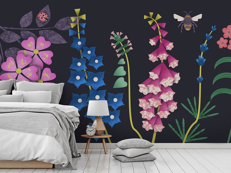 Colourful floral mural with black background by Kate England