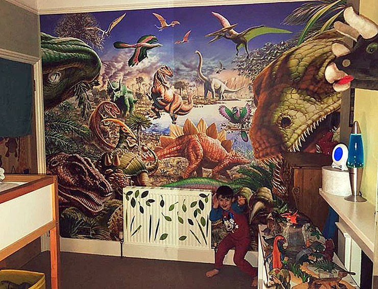 dinosaur mural in bedroom