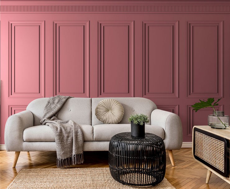 pink wood panel wallpaper in neutral vintage inspired living room